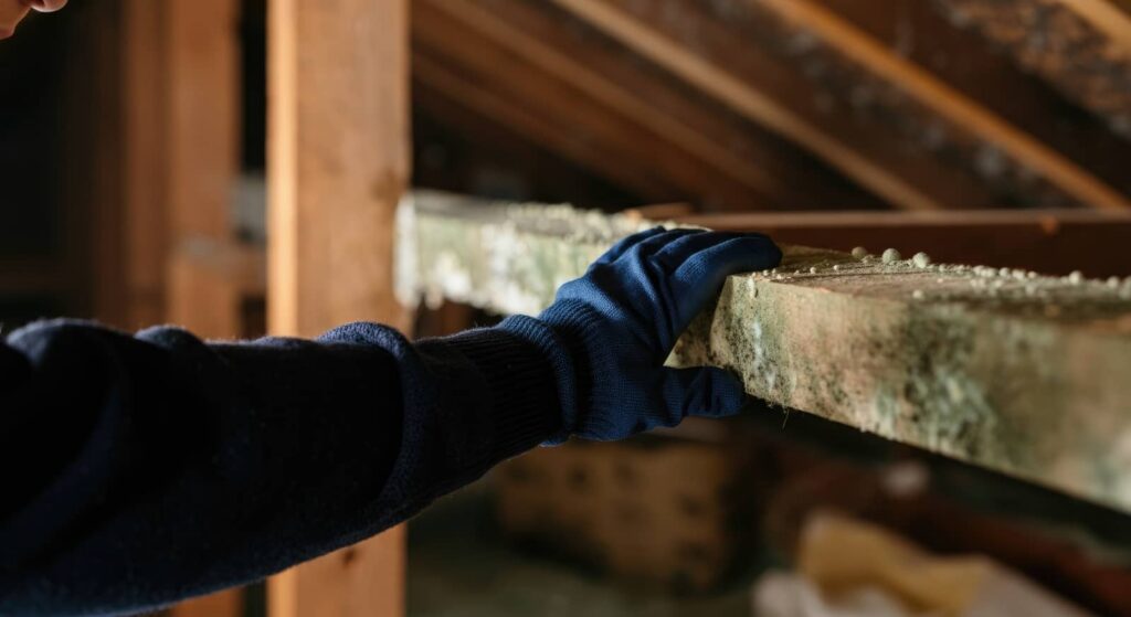 Gloved hand touching a moldy wooden beam.