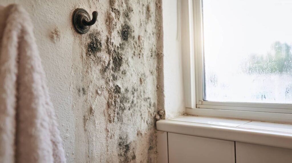 Mold growing on a bathroom wall beside a window.
