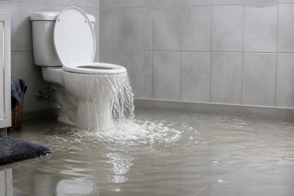 Overflowing toilet flooding a tiled bathroom floor.
