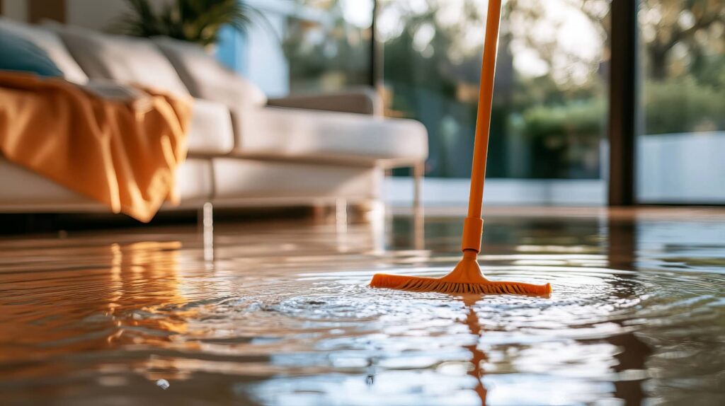 Orange mop cleaning a flooded floor in a living room.