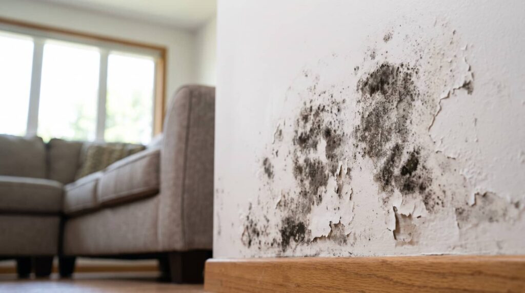 Mold and peeling paint on an interior wall.
