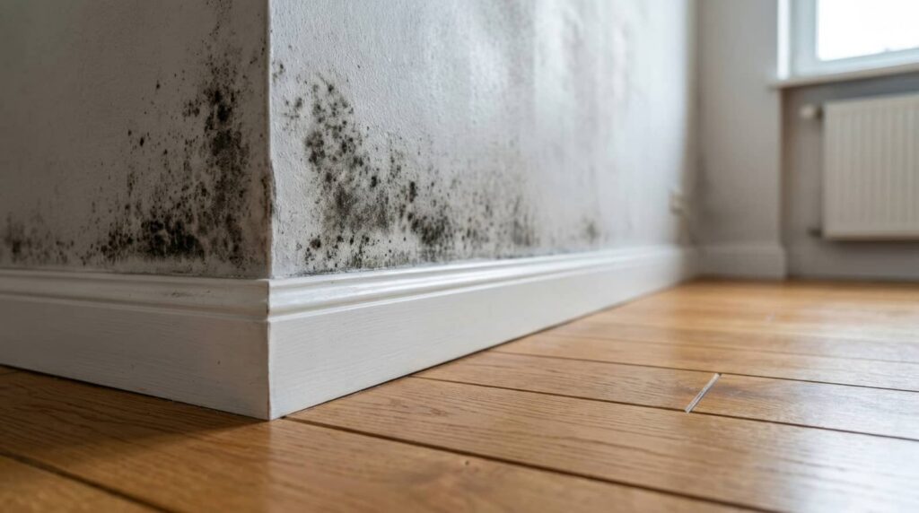 Black mold on a wall above white baseboard in a room.