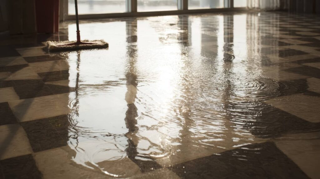 Mop on a flooded checkered floor near bright windows.