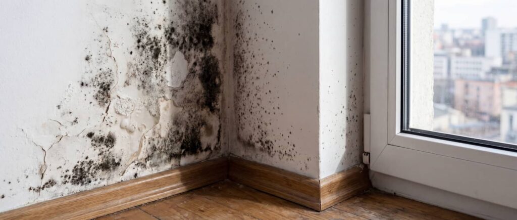 Mold and water damage on a wall beside a window.