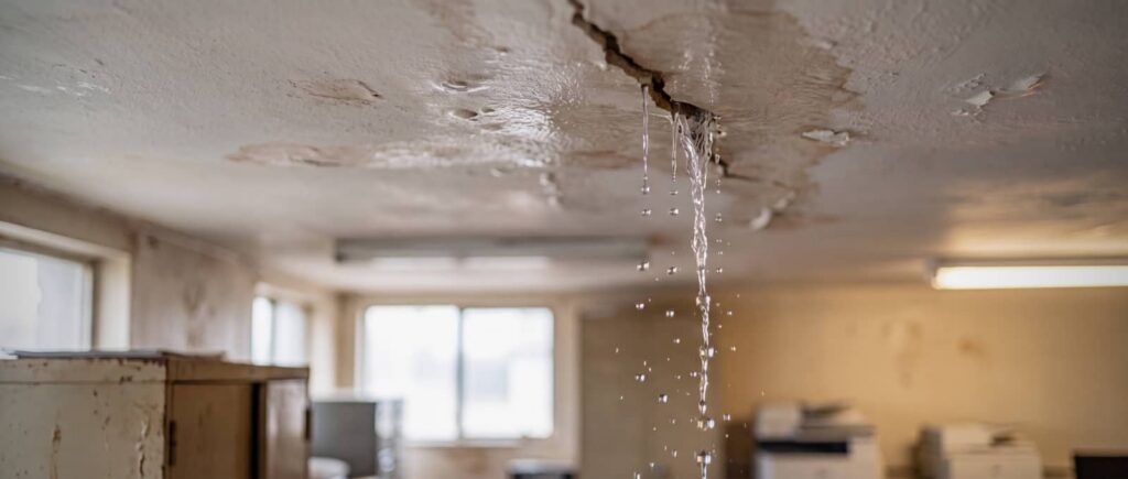 Water leaking through a cracked ceiling in an office.