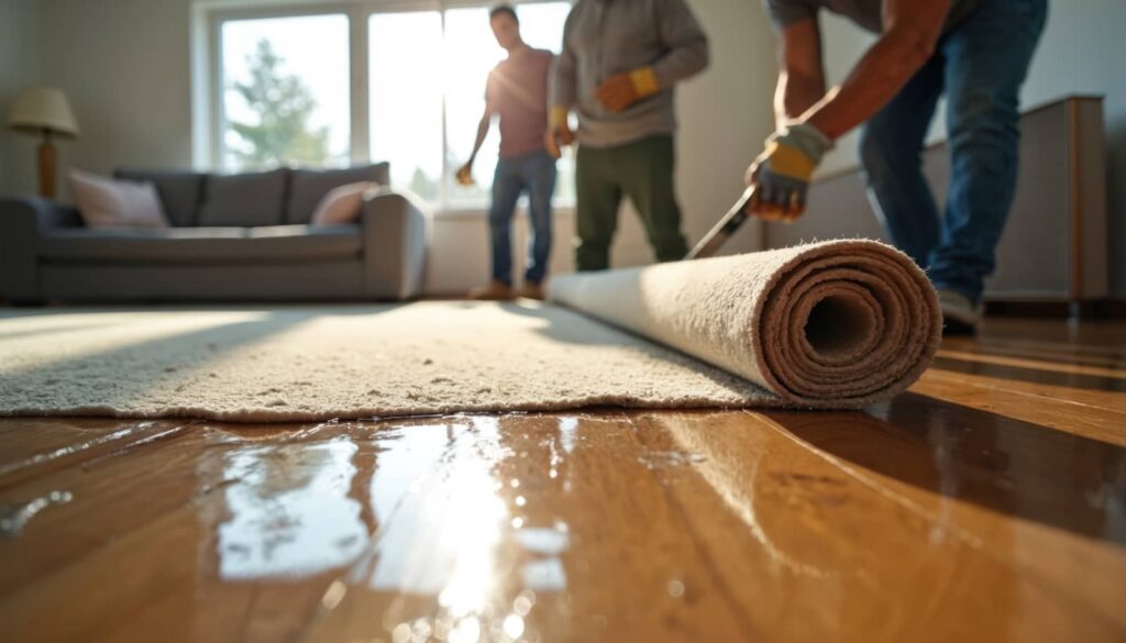 Workers rolling out a carpet in a sunlit living room.