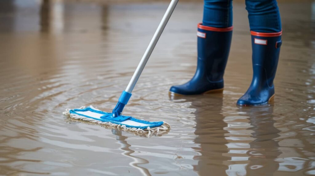 Person in blue rain boots mopping floodwater.
