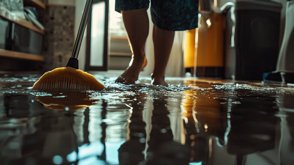 Person mopping a flooded floor indoors.