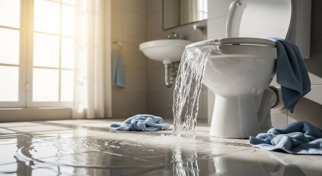 Overflowing toilet flooding a bathroom floor.