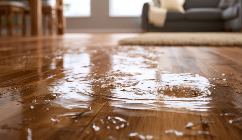 Water flooding a hardwood floor in a living room.