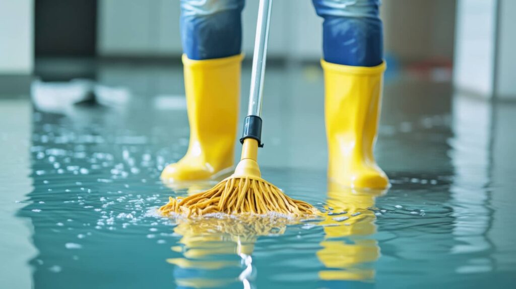 Person in yellow boots mopping a flooded floor.