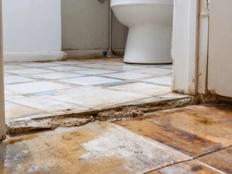 Damaged bathroom floor with broken tile and exposed subfloor.