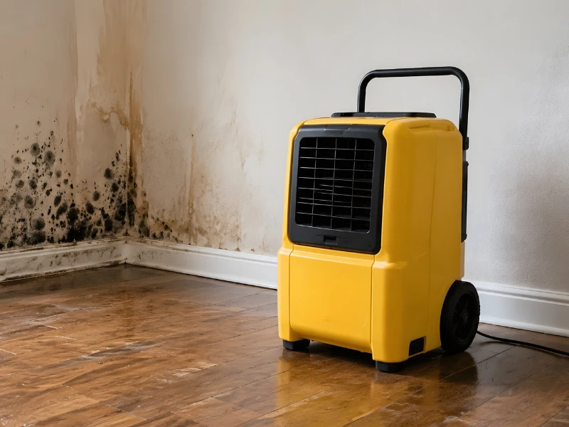 Yellow dehumidifier in a moldy room corner.