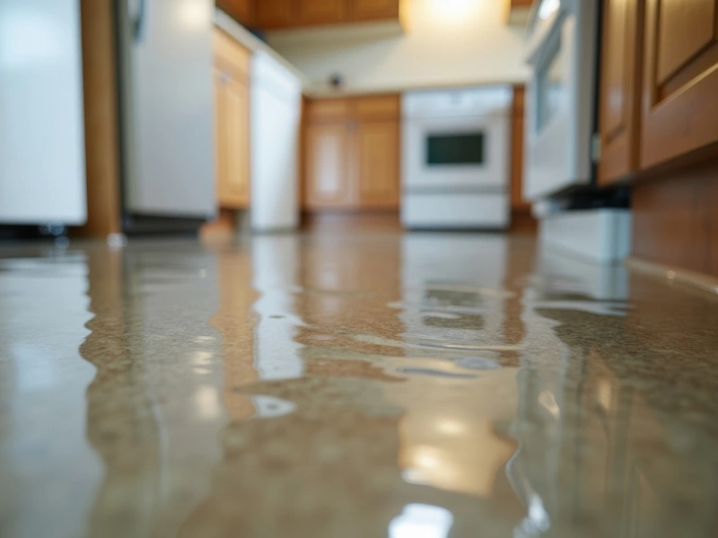 Flooded kitchen floor with standing water.