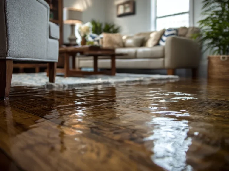 Flooded living room with water covering the hardwood floor.