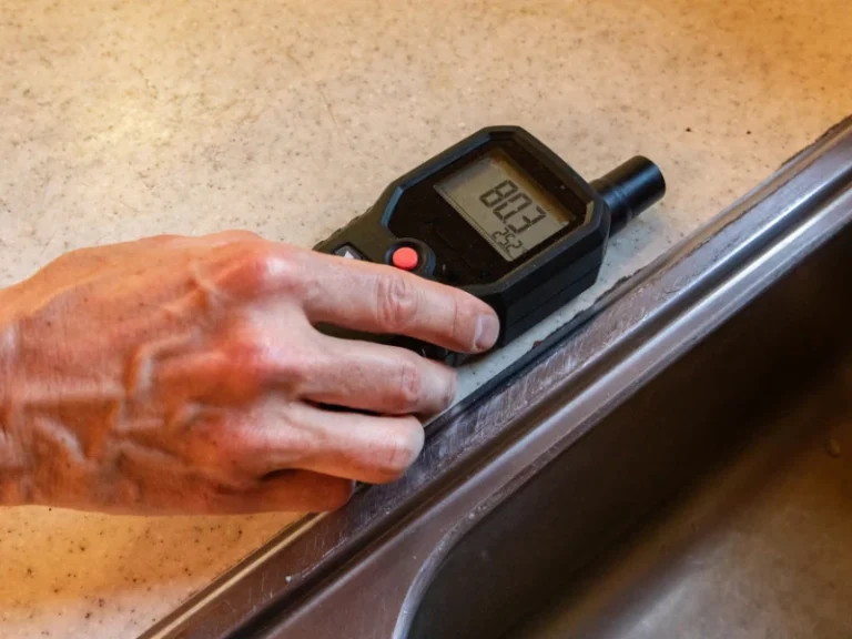 Hand using a digital meter to measure a countertop near a sink.