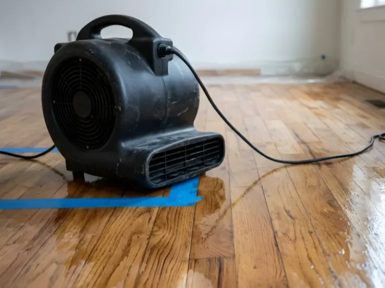 Black floor blower drying a wet hardwood floor.