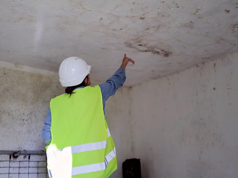 Construction worker inspecting mold on a ceiling.