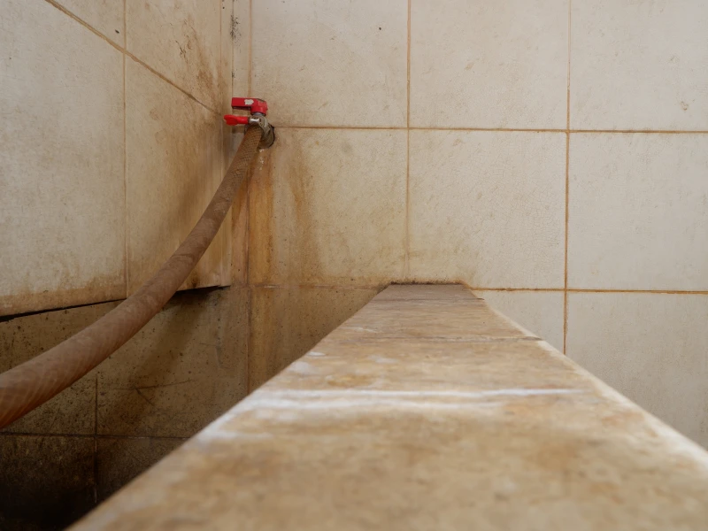 Dirty tiled wall with a hose and red valve.