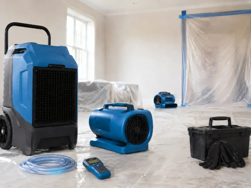 Dehumidifiers and fans in a room under renovation.