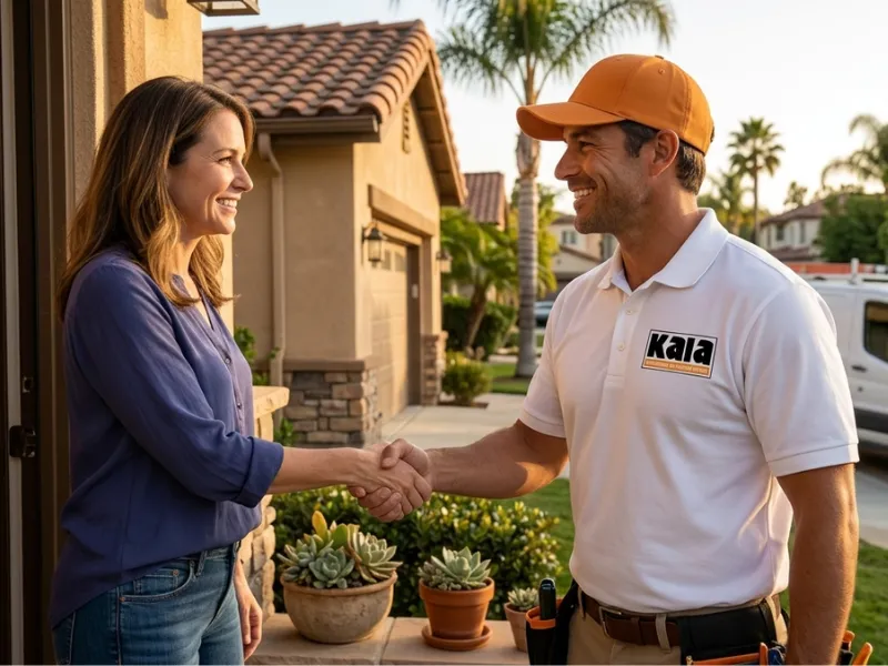 Woman shaking hands with a smiling home service worker outside a house.