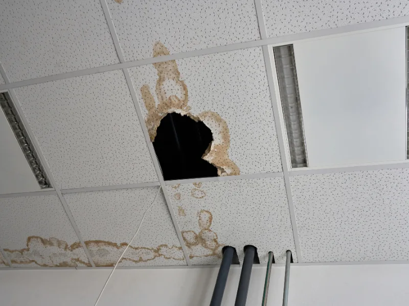 Water-damaged ceiling tile with a large hole.